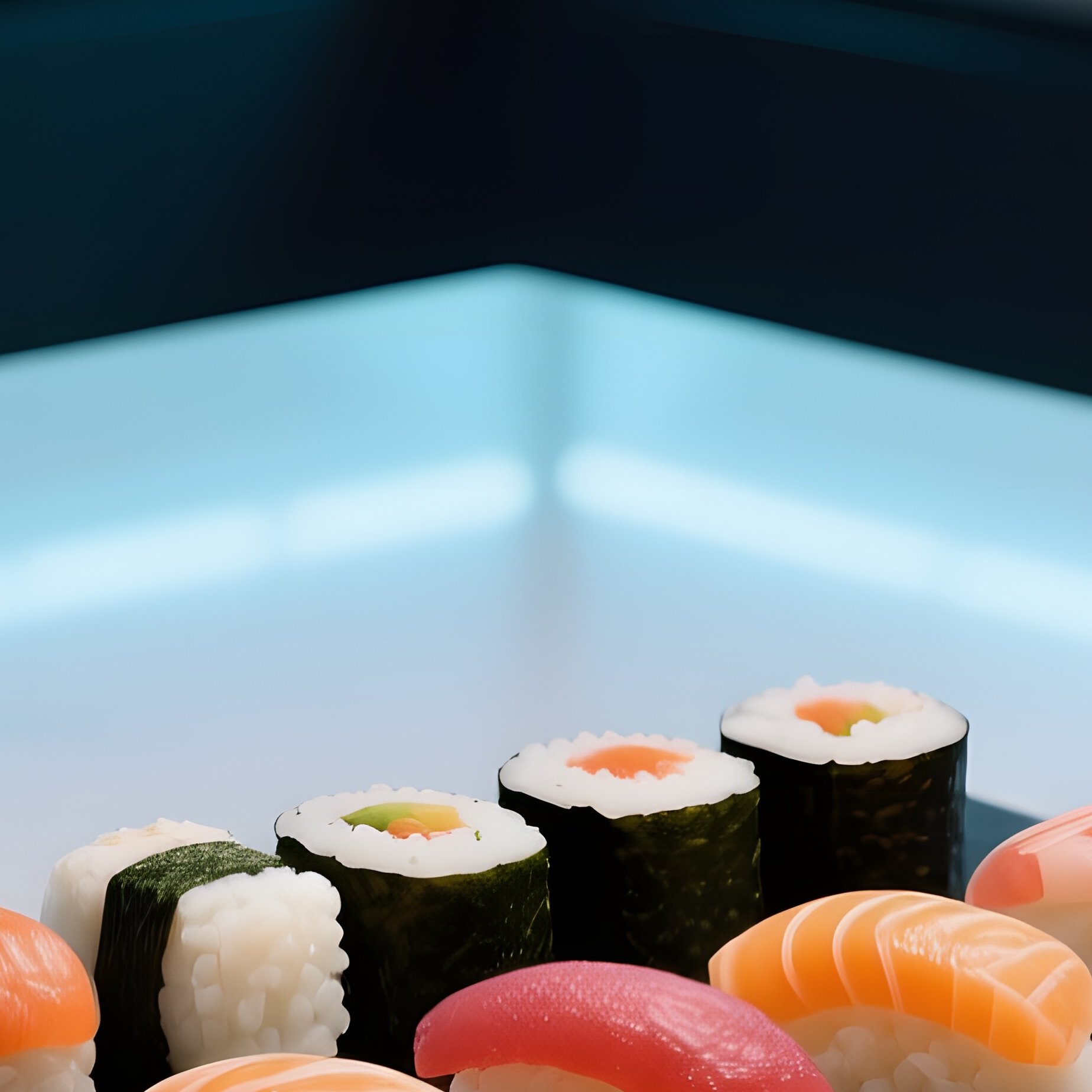 A Sleek Kitchen Island Under Cool Led Lighting, Displaying A Geometric Arrangement Of Sushi Pieces - Full Resolution Quality Preview