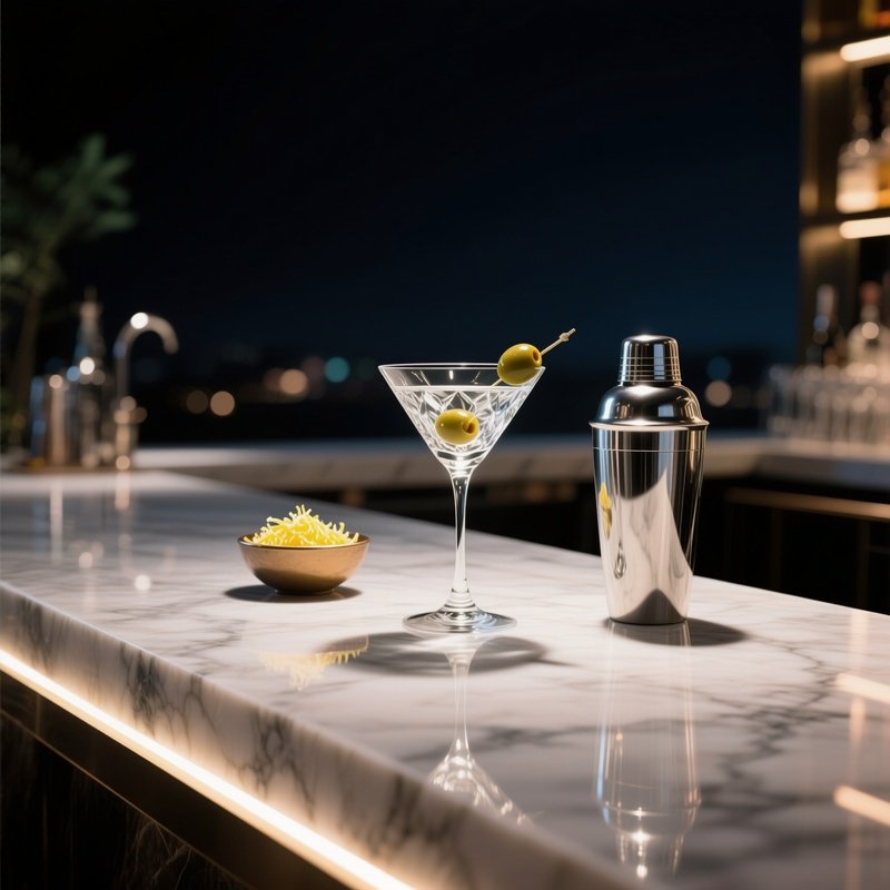 A Sleek Marble Bar At Night, Illuminated By Led Backlighting, Holding A Crystal Martini Glass With