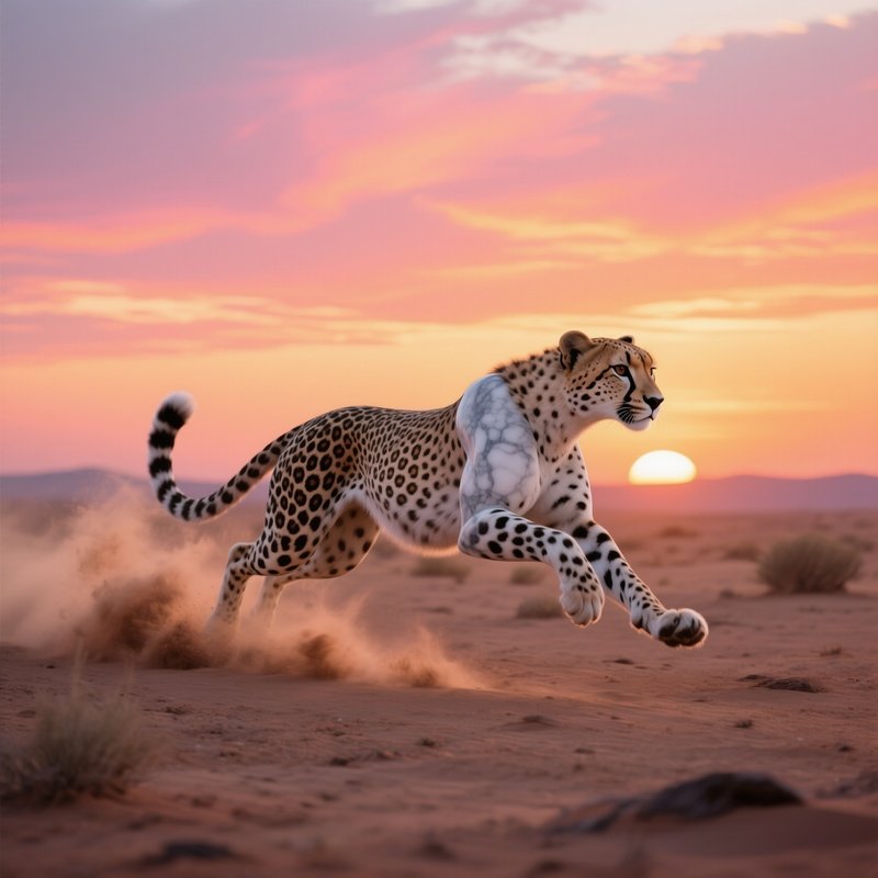 A Sleek Marble Cheetah Frozen Mid‑Sprint Across A Desert Plain At Sunset, Dust Cloud Trailing