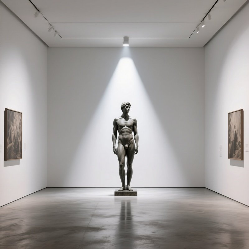 A Sleek Minimalist Gallery With White Walls And Polished Concrete Floor, A Male Nude Statue
