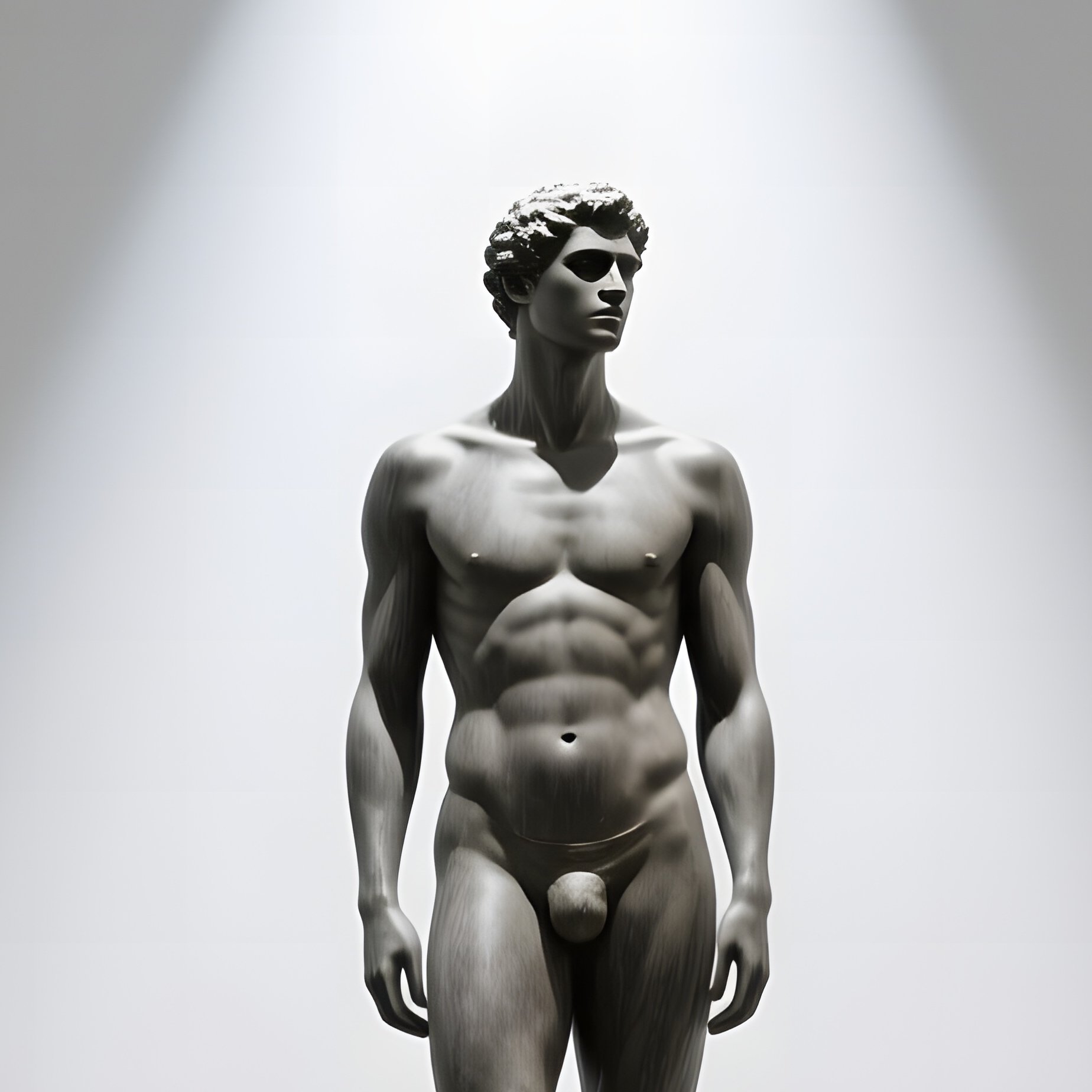A Sleek Minimalist Gallery With White Walls And Polished Concrete Floor, A Male Nude Statue - Full Resolution Quality Preview