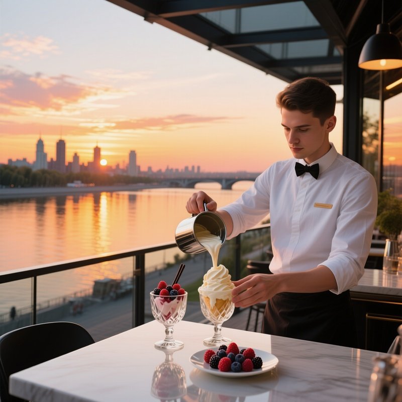 A Sleek Modern Café Terrace Overlooking The Volga River At Golden Hour, A Barista In Crisp White