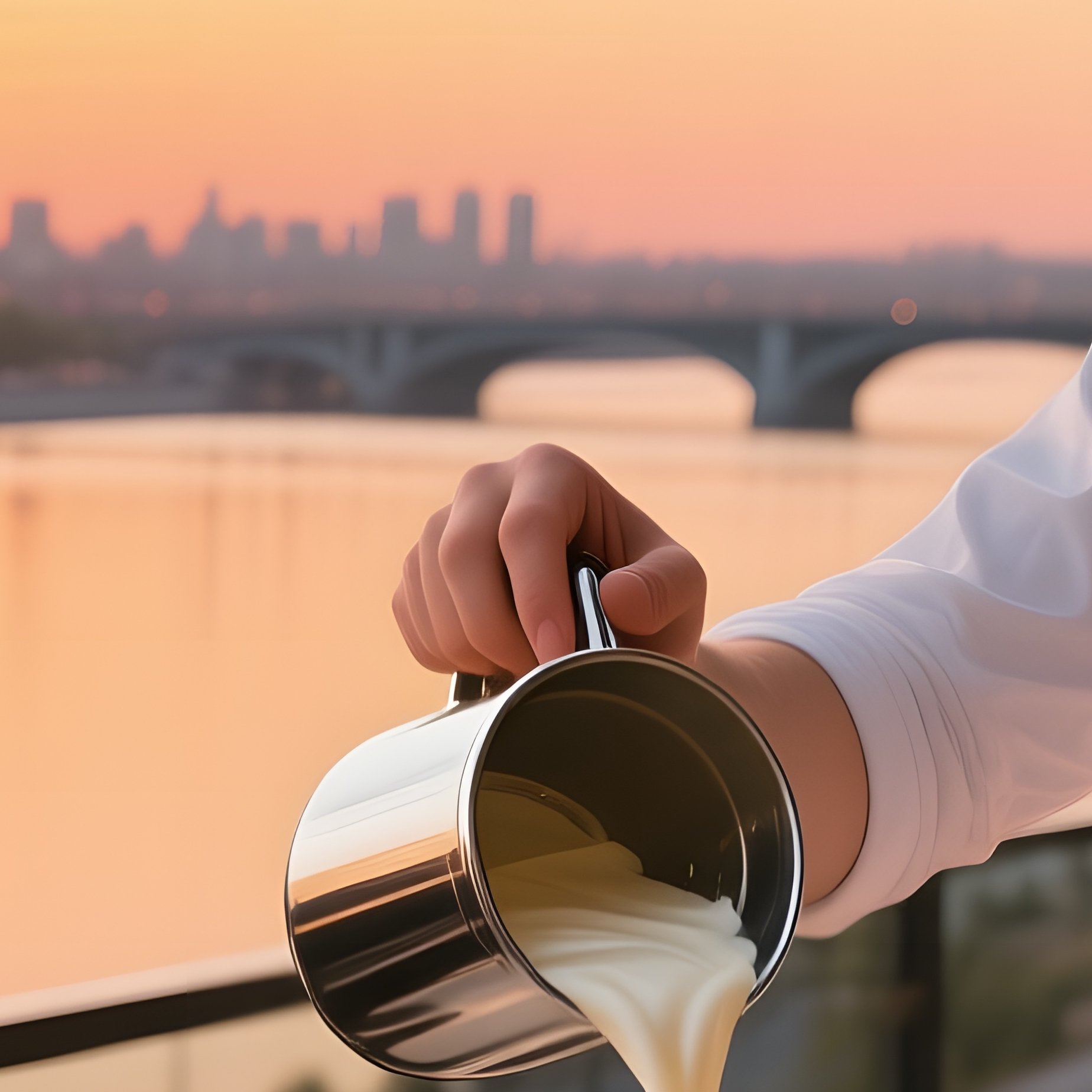 A Sleek Modern Café Terrace Overlooking The Volga River At Golden Hour, A Barista In Crisp White - Full Resolution Quality Preview