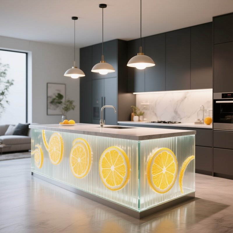 A Sleek Modern Kitchen Island, Its Countertop Embedded With Thin Strips Of Translucent Glass