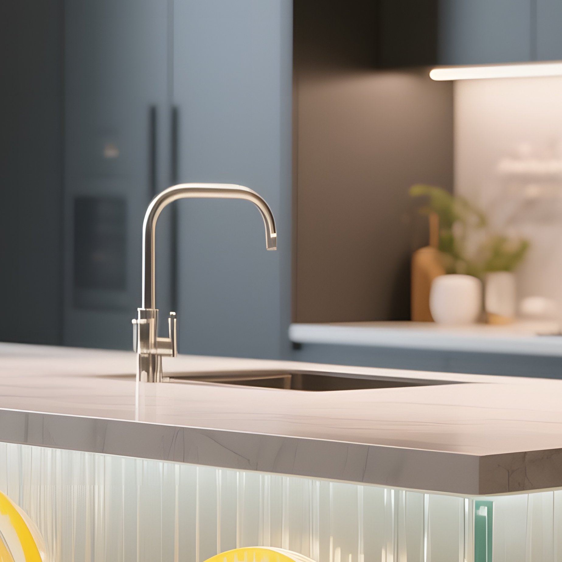 A Sleek Modern Kitchen Island, Its Countertop Embedded With Thin Strips Of Translucent Glass - Full Resolution Quality Preview