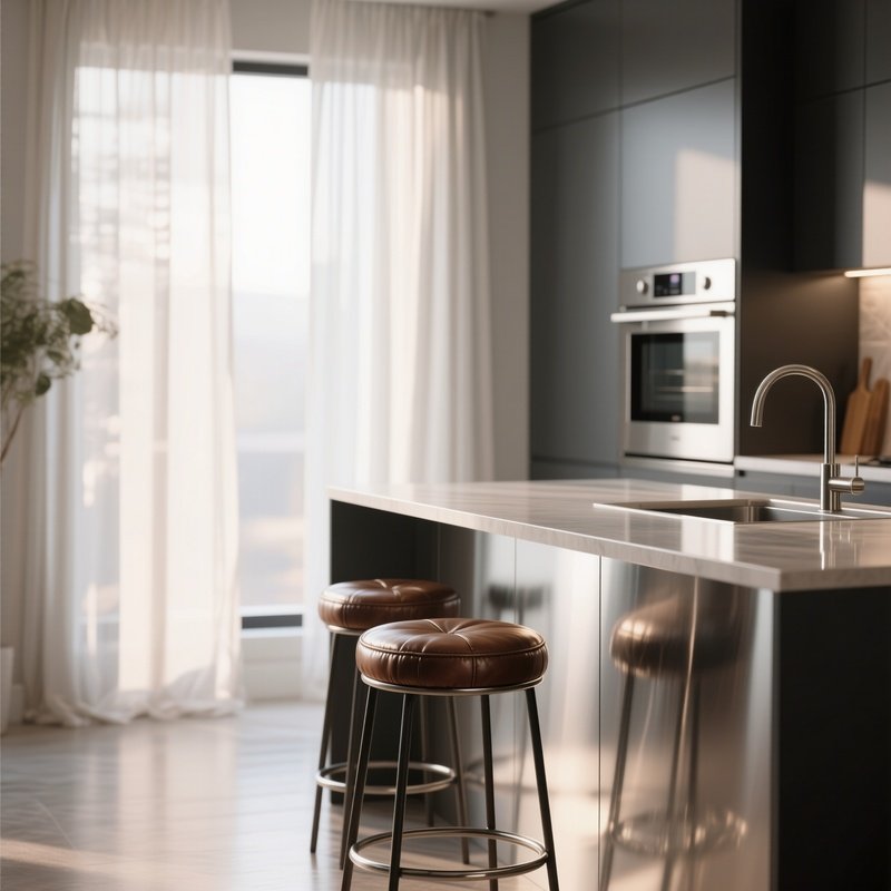 A Sleek Modern Kitchen With A Leather Wrapped Bar Stool, Stainless Steel Appliances Reflecting Soft