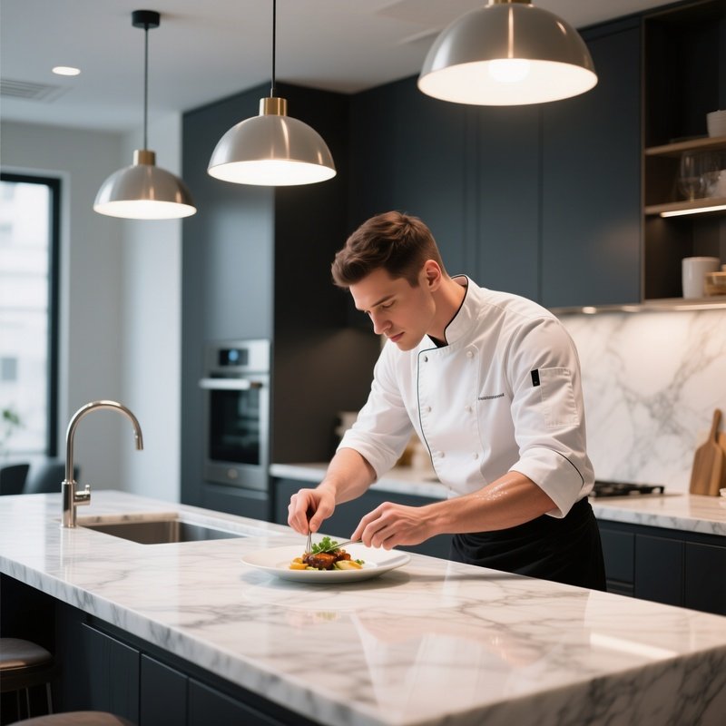 A Sleek Modern Kitchen With Marble Countertops, A Male Chef Plating A Dish, Bare Arms Glistening