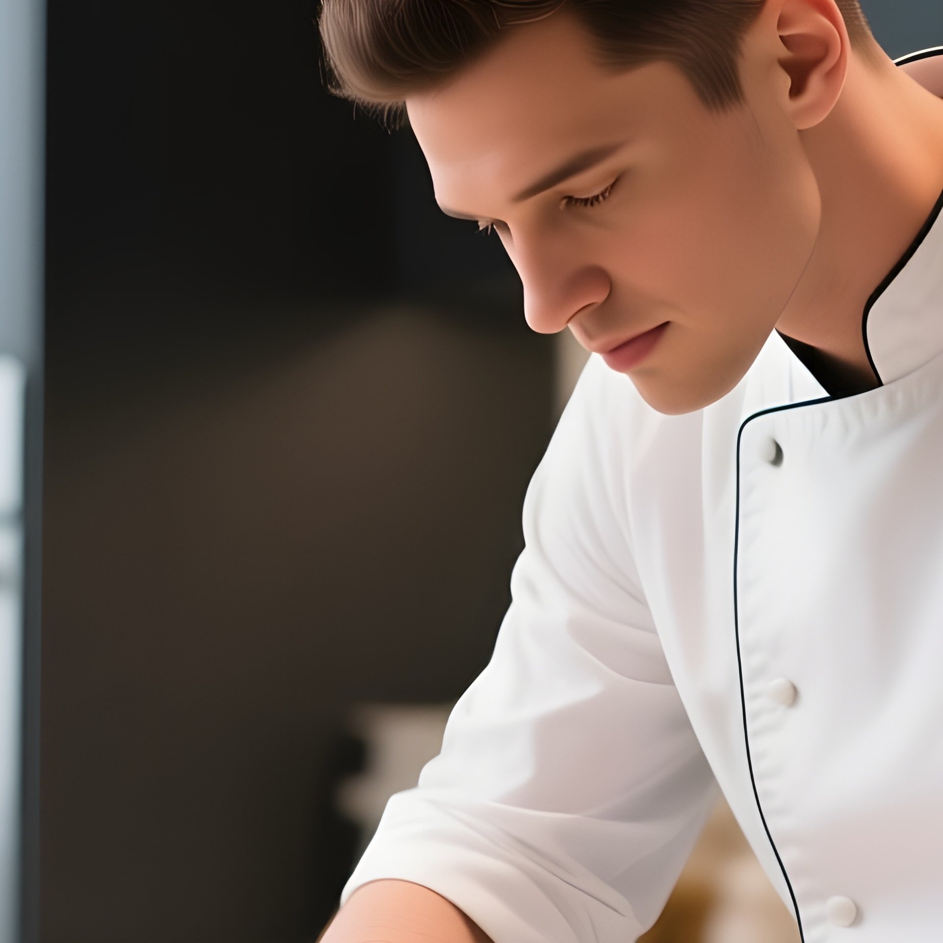 A Sleek Modern Kitchen With Marble Countertops, A Male Chef Plating A Dish, Bare Arms Glistening - Full Resolution Quality Preview
