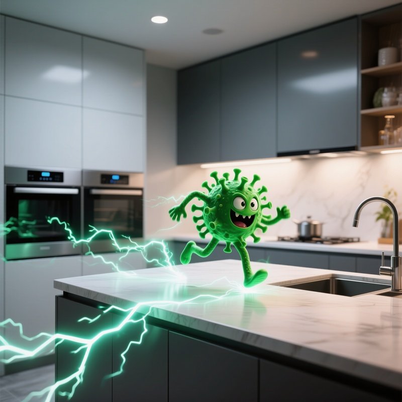 A Sleek Modern Kitchen With Smart Appliances, Where A Mischievous Green Virus Sprite Darts Between