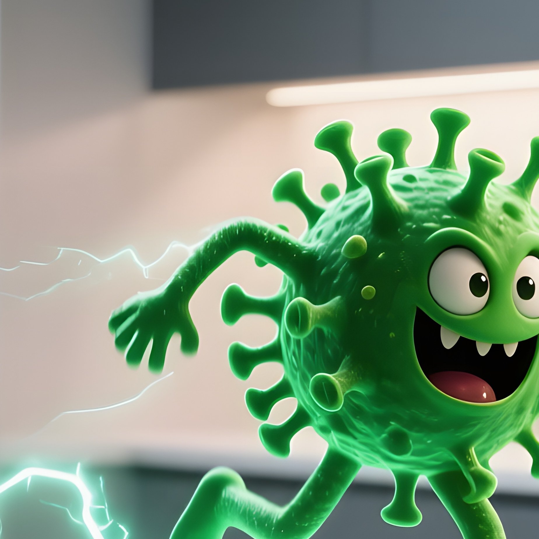 A Sleek Modern Kitchen With Smart Appliances, Where A Mischievous Green Virus Sprite Darts Between - Full Resolution Quality Preview