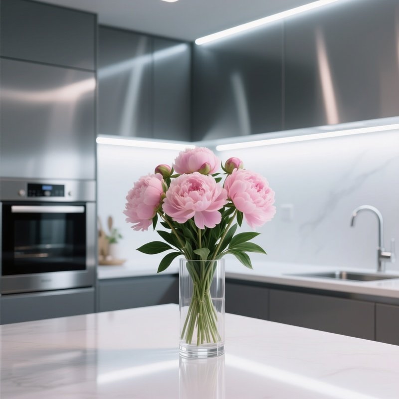 A Sleek Modern Kitchen With Stainless Steel Appliances, Illuminated By Cool White Leds, Featuring A