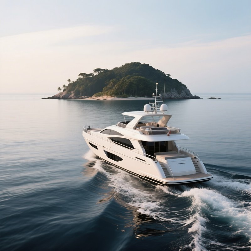 A Sleek Motor Yacht Heading Toward An Offshore Island