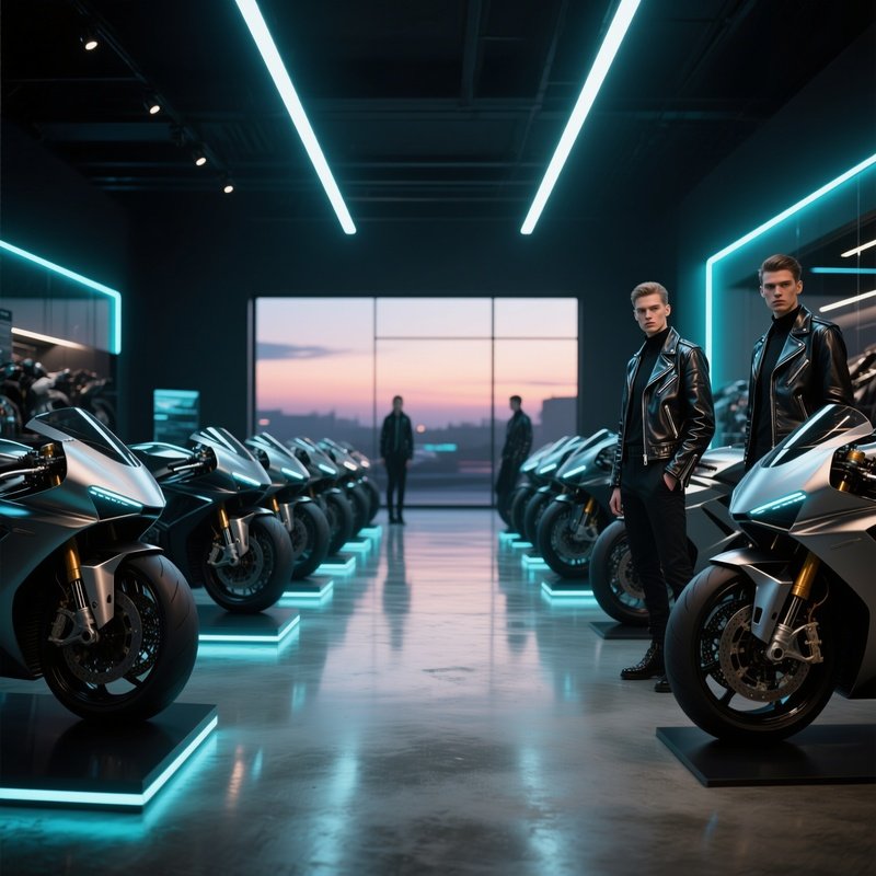 A Sleek Motorcycle Showroom At Dusk, Polished Concrete Floors Reflecting Cool Neon Lighting, Rows