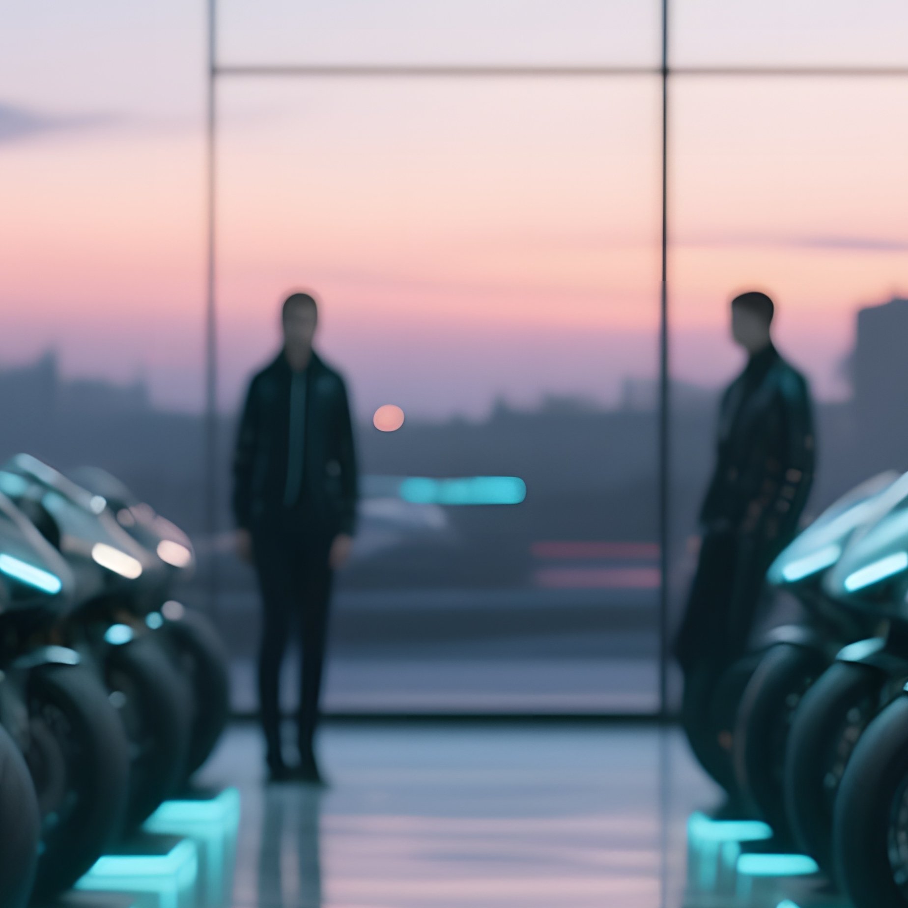 A Sleek Motorcycle Showroom At Dusk, Polished Concrete Floors Reflecting Cool Neon Lighting, Rows - Full Resolution Quality Preview