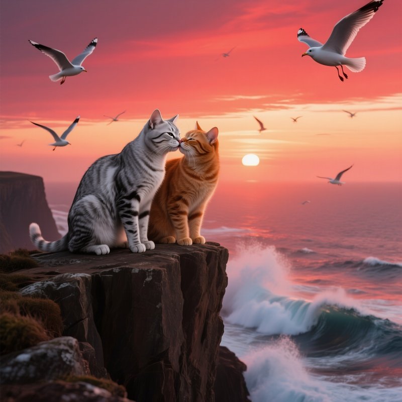A Sleek Silver Cat Kisses A Ginger Cat Atop A Rugged Cliff Edge At Sunset, Waves Crashing Below And