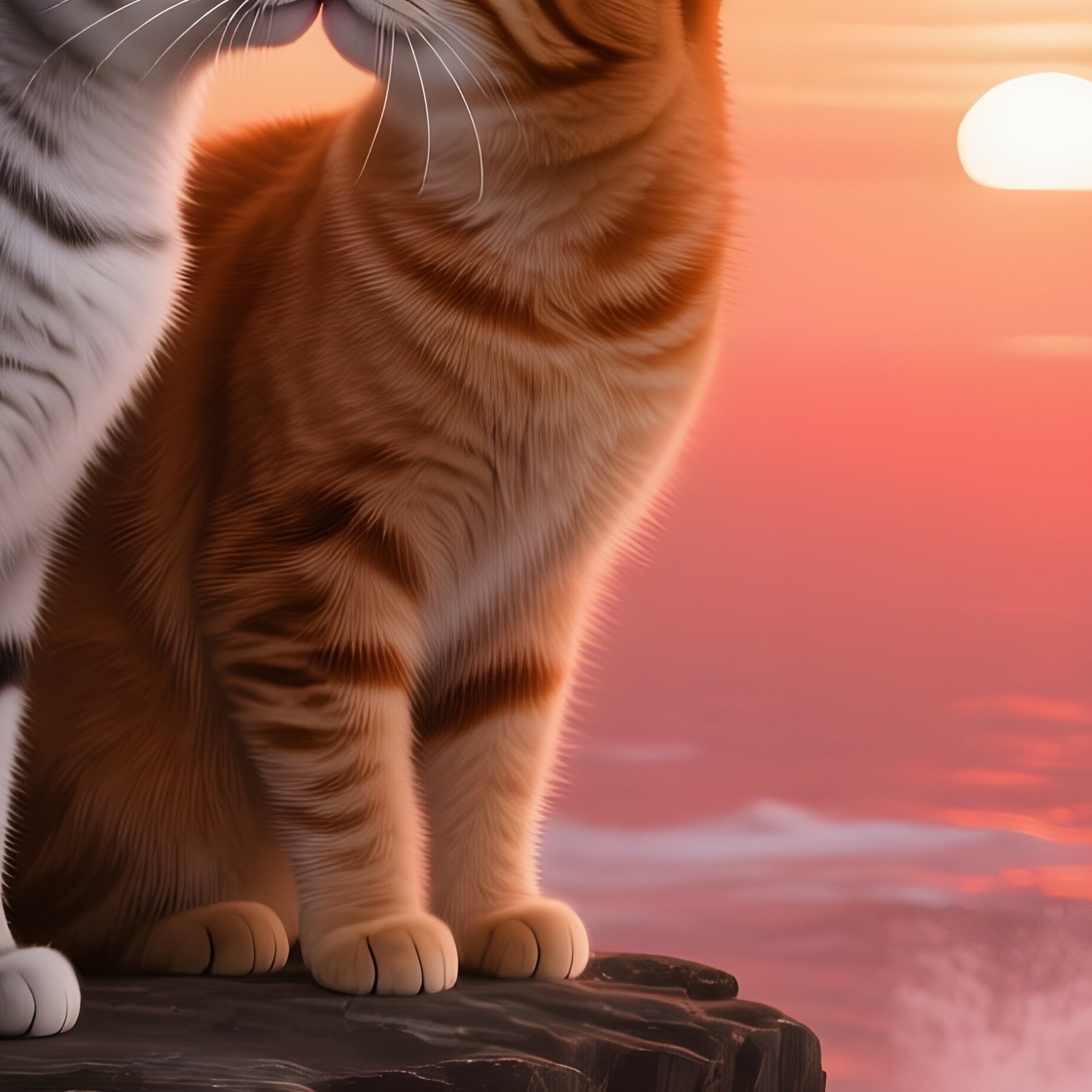 A Sleek Silver Cat Kisses A Ginger Cat Atop A Rugged Cliff Edge At Sunset, Waves Crashing Below And - Full Resolution Quality Preview