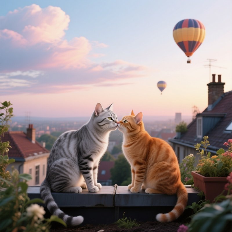 A Sleek Silver Cat Leans Into A Ginger Cat For A Kiss On A Rooftop Garden At Dawn, Hot Air Balloons