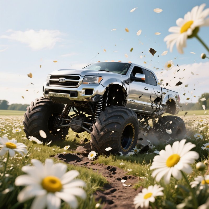 A Sleek Silver Monster Truck Crashes Through A Field Of Giant Daisies During A Breezy Afternoon,