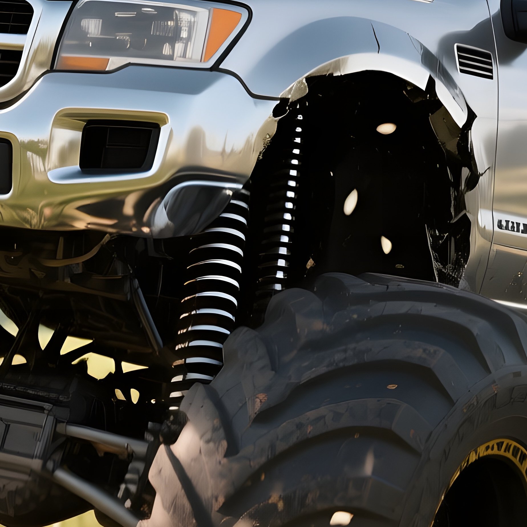 A Sleek Silver Monster Truck Crashes Through A Field Of Giant Daisies During A Breezy Afternoon, - Full Resolution Quality Preview