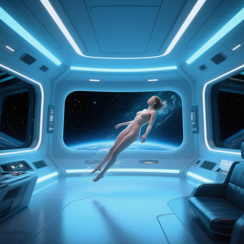 A Sleek Spaceship Interior With Panoramic Starfield Windows, A Zero‑Gravity Nude Figure Floating