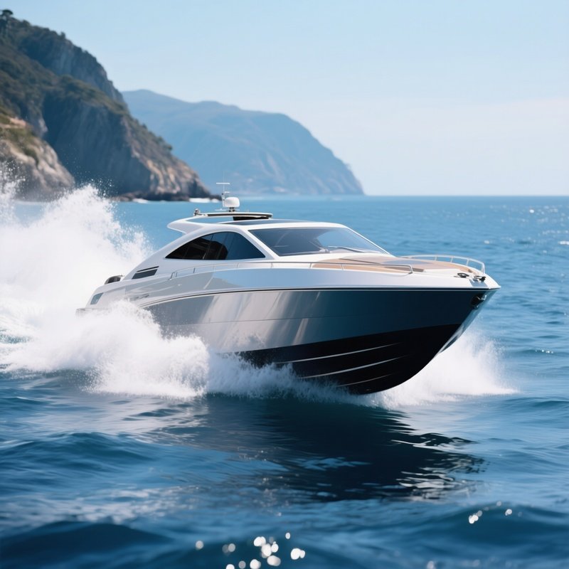 A Sleek Speedboat Creating White Spray On A Blue Coastline
