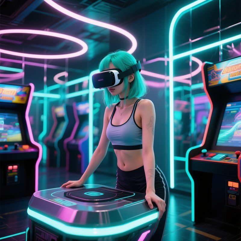 A Sleek Vr Arcade Filled With Neon Arcs, A Gamer Girl With Bright Teal Hair Leans Over A