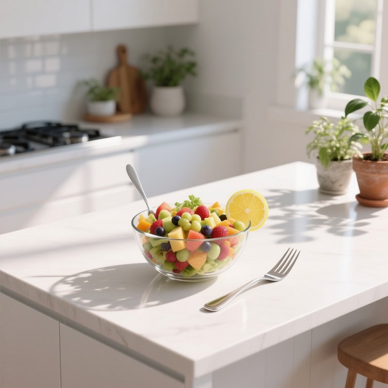 A Sleek White Kitchen Island Under Bright Daylight, Displaying A Colorful Fruit Salad In A Glass