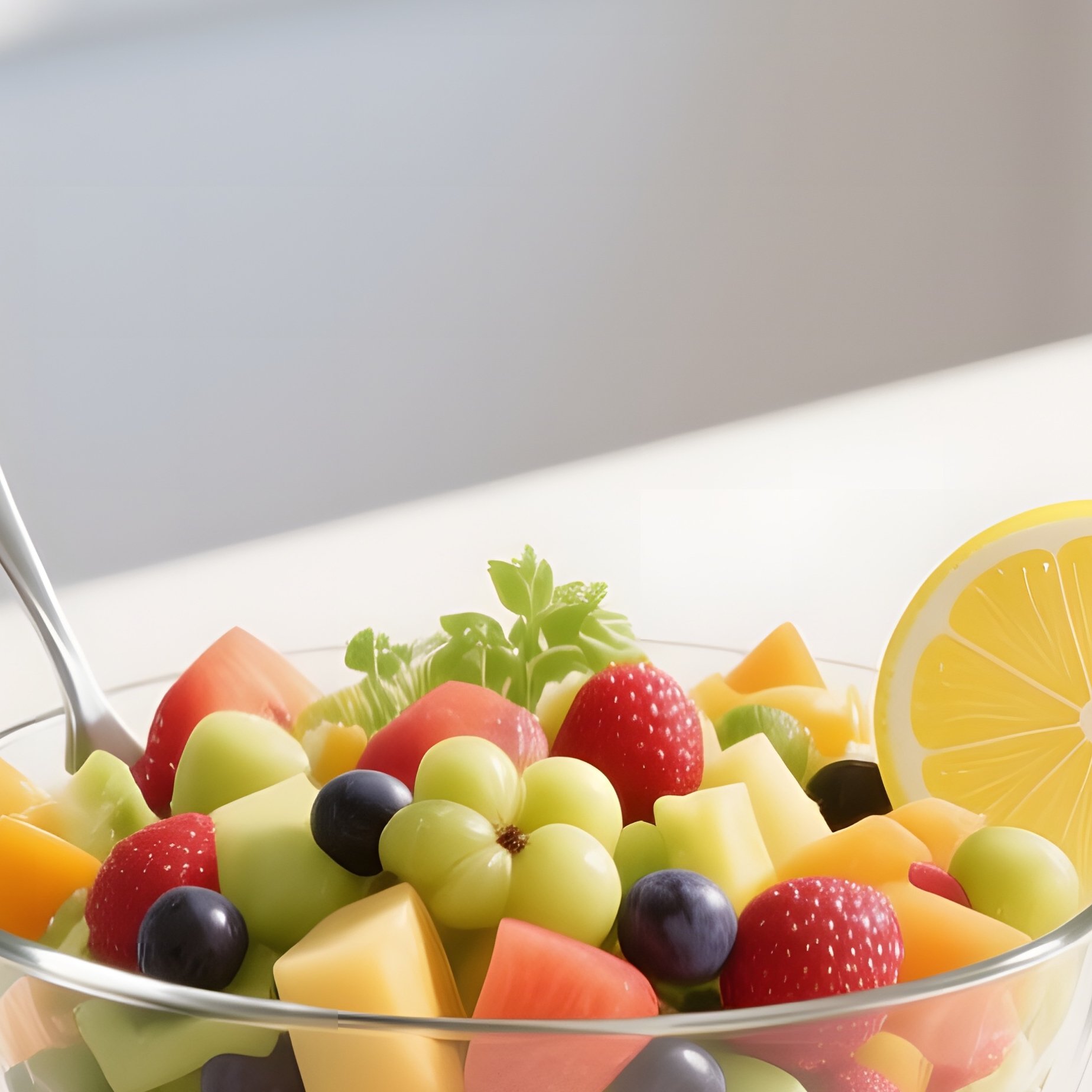 A Sleek White Kitchen Island Under Bright Daylight, Displaying A Colorful Fruit Salad In A Glass - Full Resolution Quality Preview