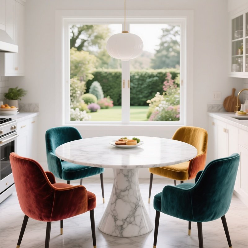 A Sleek White Marble Round Tulip Table Surrounded By Four Colorful Velvet Dining Chairs In A Bright, Modern Breakfast Nook With A View Of The Garden.