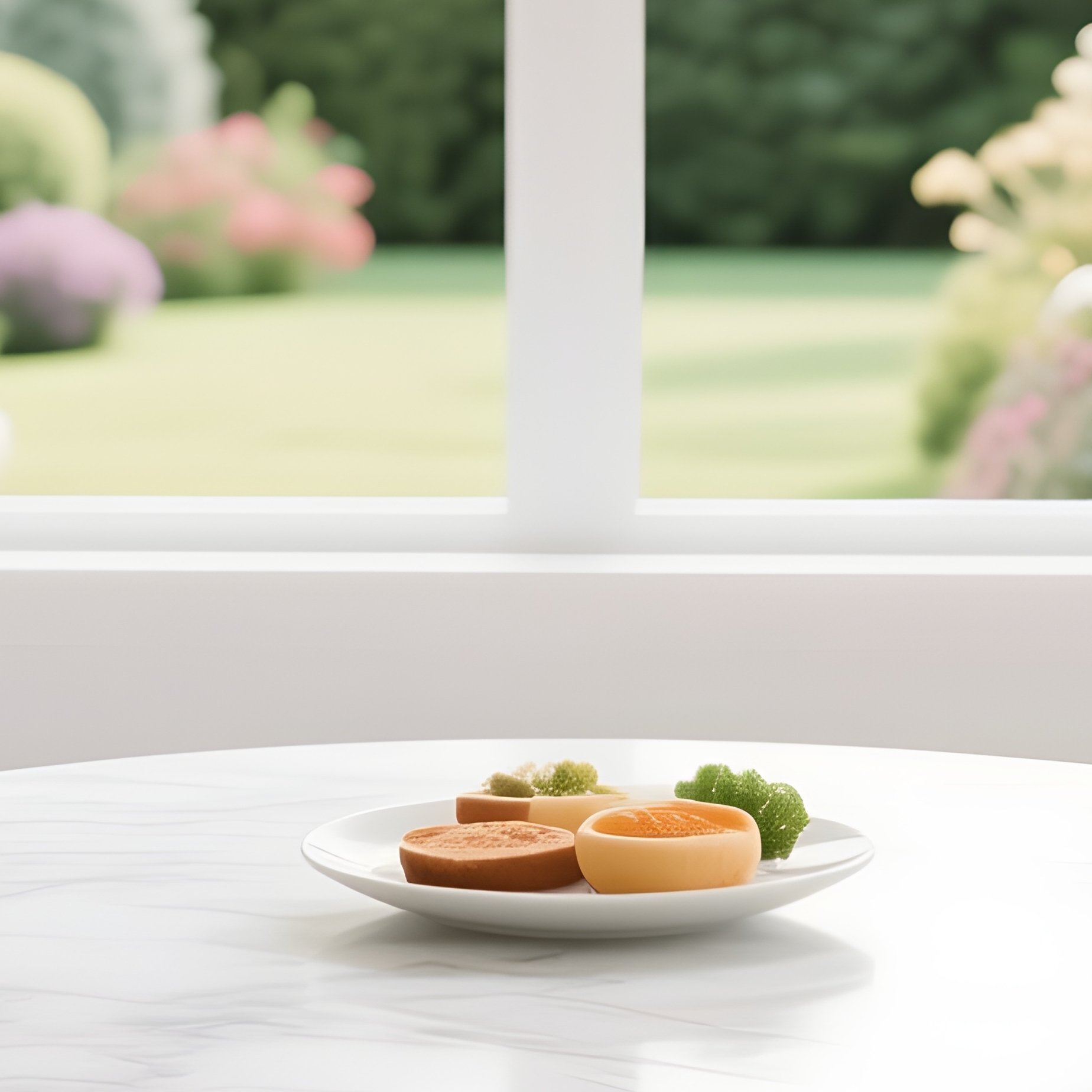 A Sleek White Marble Round Tulip Table Surrounded By Four Colorful Velvet Dining Chairs In A Bright, Modern Breakfast Nook With A View Of The Garden. - Full Resolution Quality Preview