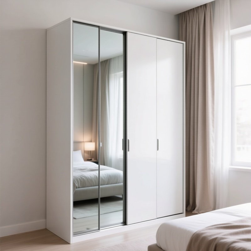 A Sleek White Wardrobe With Sliding Glass Doors Reflecting The Bedroom