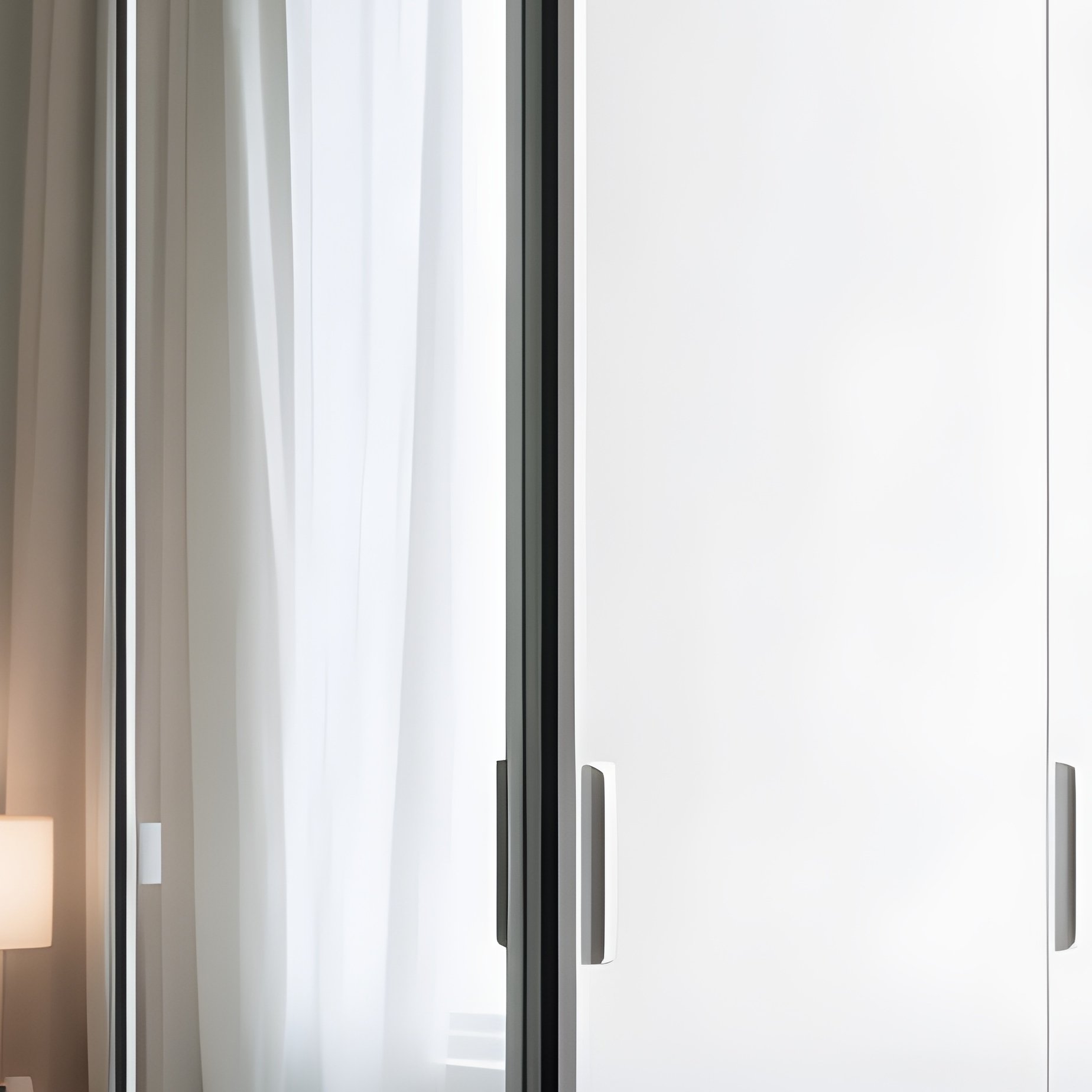 A Sleek White Wardrobe With Sliding Glass Doors Reflecting The Bedroom - Full Resolution Quality Preview