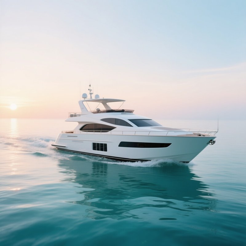 A Sleek White Yacht Cruising Through Calm Turquoise Waters At Sunrise