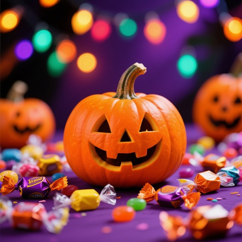 A Small Carved Pumpkin Surrounded By Candies Halloween Pumpkin