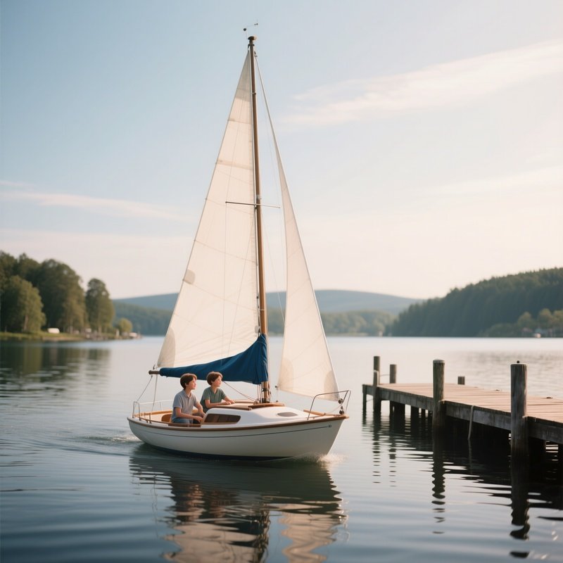 A Small Family Sailboat Gliding Near A Lake Pier