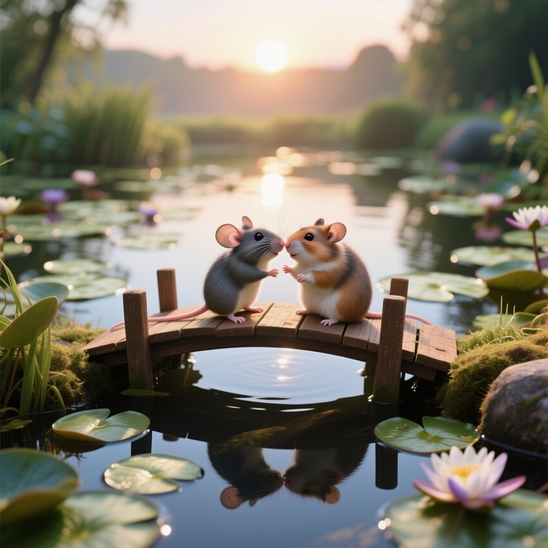 A Small Mouse And A Gentle Hamster Exchange A Delicate Kiss On A Tiny Wooden Bridge Over A Crystal