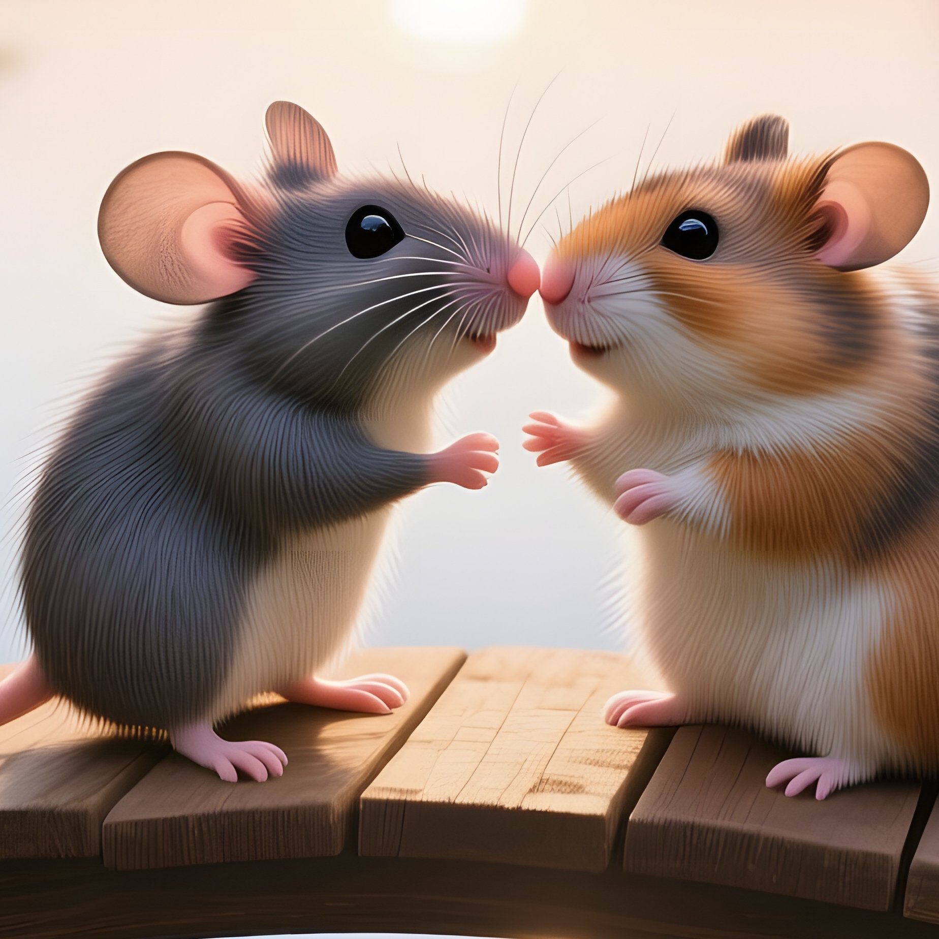 A Small Mouse And A Gentle Hamster Exchange A Delicate Kiss On A Tiny Wooden Bridge Over A Crystal - Full Resolution Quality Preview