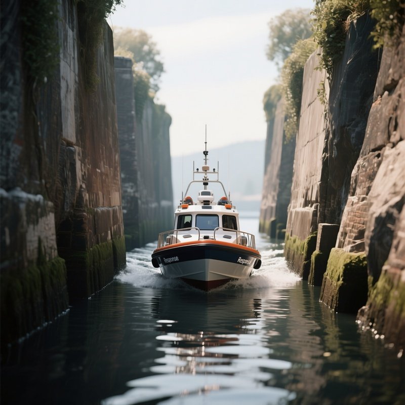 A Small Response Boat Maneuvering Inside A Narrow Channel