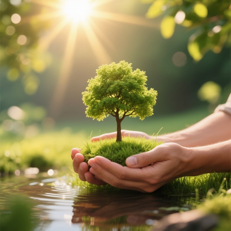 A Small Tree Growing On A Patch Of Grass Held In Human Hands
