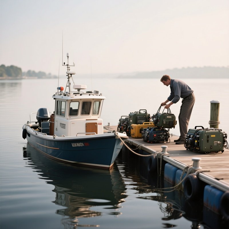 A Small Utility Boat Unloading Equipment Onto A Floating Dock