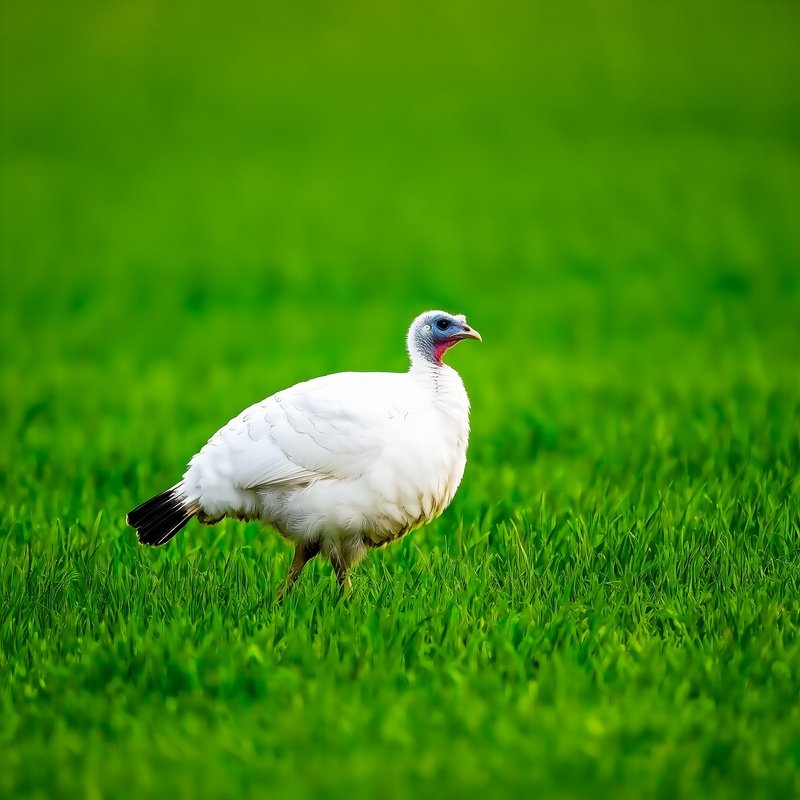 A Small White Turkey On A Green Field