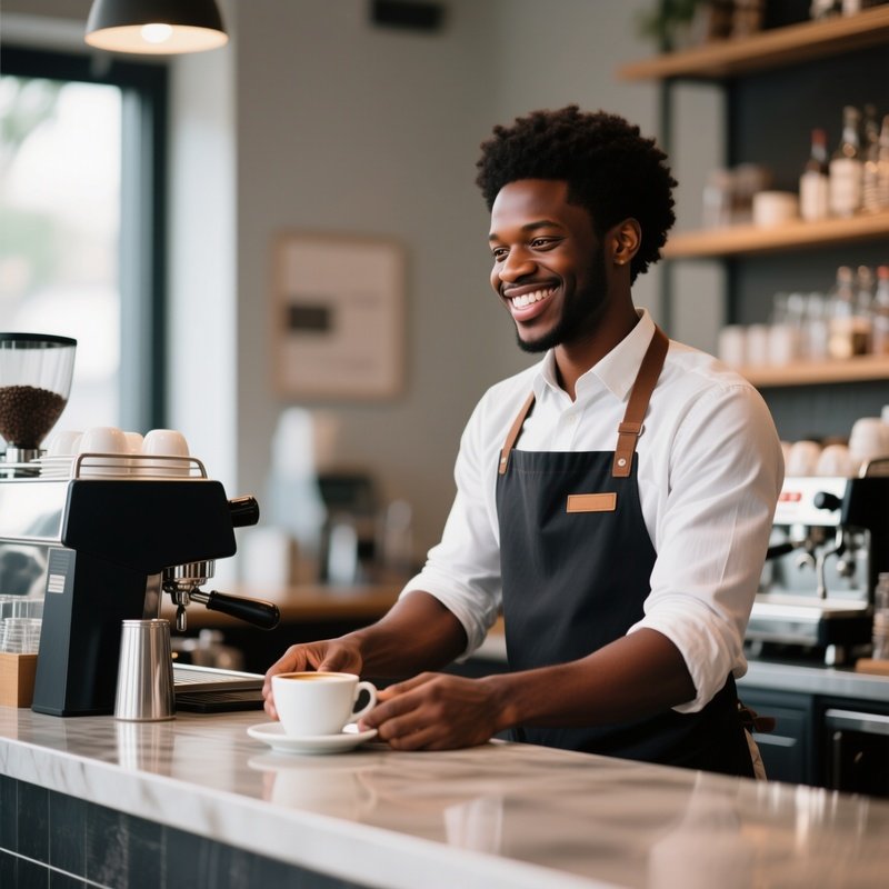 A Smiling Black Barista Serving Coffee At A Counter.