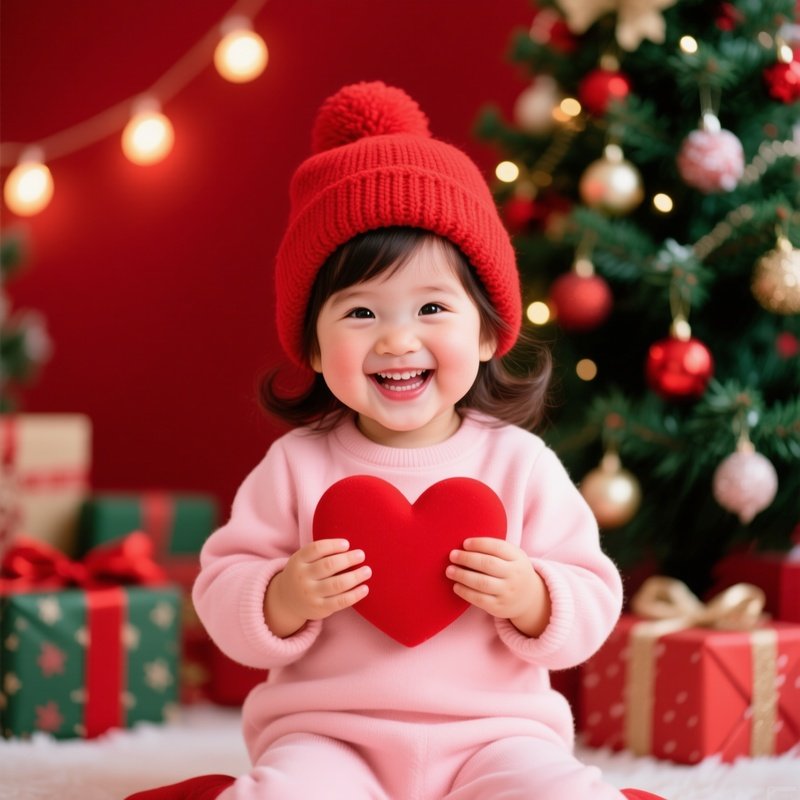 A Smiling Child Holding A Red Heart Shaped Object Christmas Child