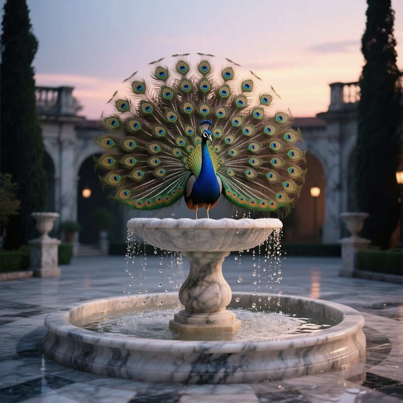 A Smooth Marble Peacock Spreading Its Tail Feathers On A Marble Courtyard Fountain At Twilight,