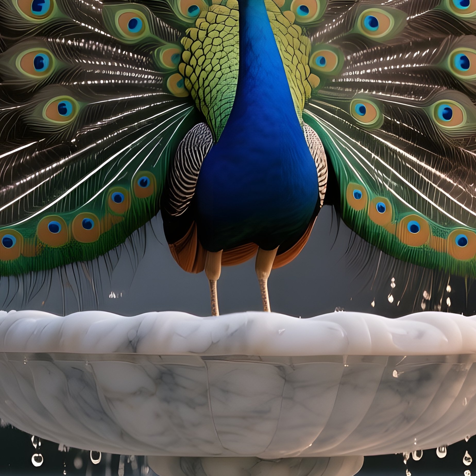 A Smooth Marble Peacock Spreading Its Tail Feathers On A Marble Courtyard Fountain At Twilight, - Full Resolution Quality Preview
