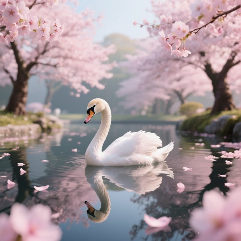 A Smooth Porcelain Swan Gliding Across A Reflective Pool Surrounded By Cherry Blossom Trees In Full