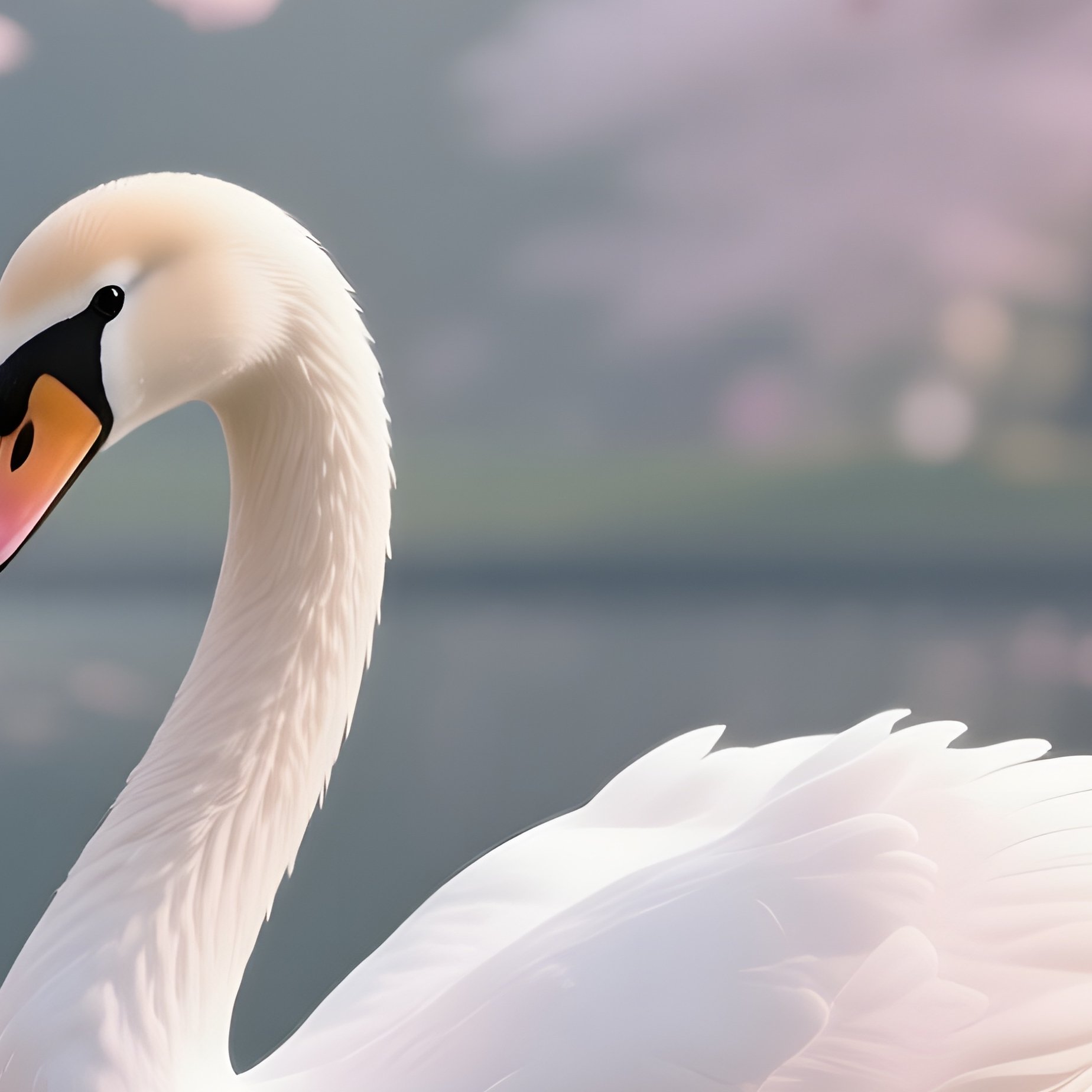 A Smooth Porcelain Swan Gliding Across A Reflective Pool Surrounded By Cherry Blossom Trees In Full - Full Resolution Quality Preview