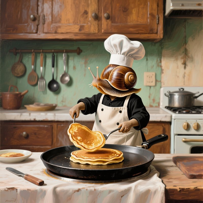A Snail Chef Flipping Pancakes Paintings And Drawings