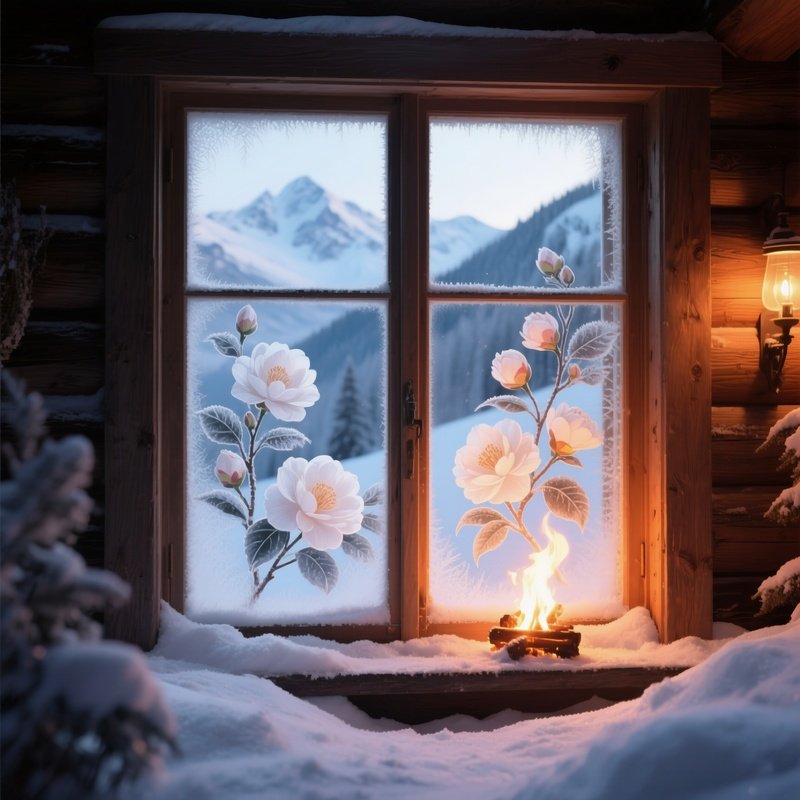 A Snow‑Covered Alpine Chalet Window, Frosted Glass Painted With Delicate Winter Camellias That Glow