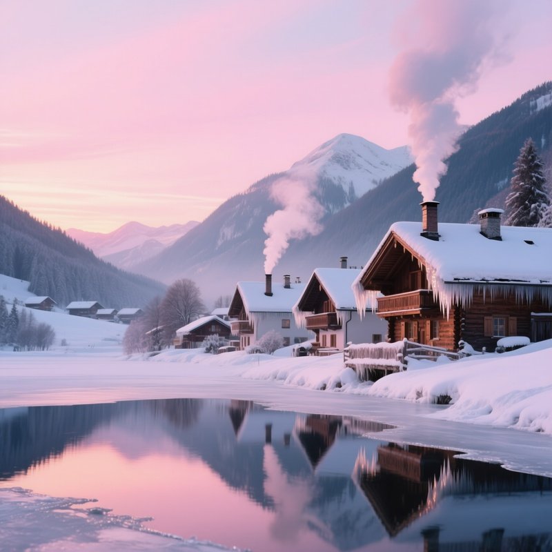 A Snow‑Covered Alpine Village At Sunrise, Smoke Curling From Chimneys, Icicles Glinting On Wooden
